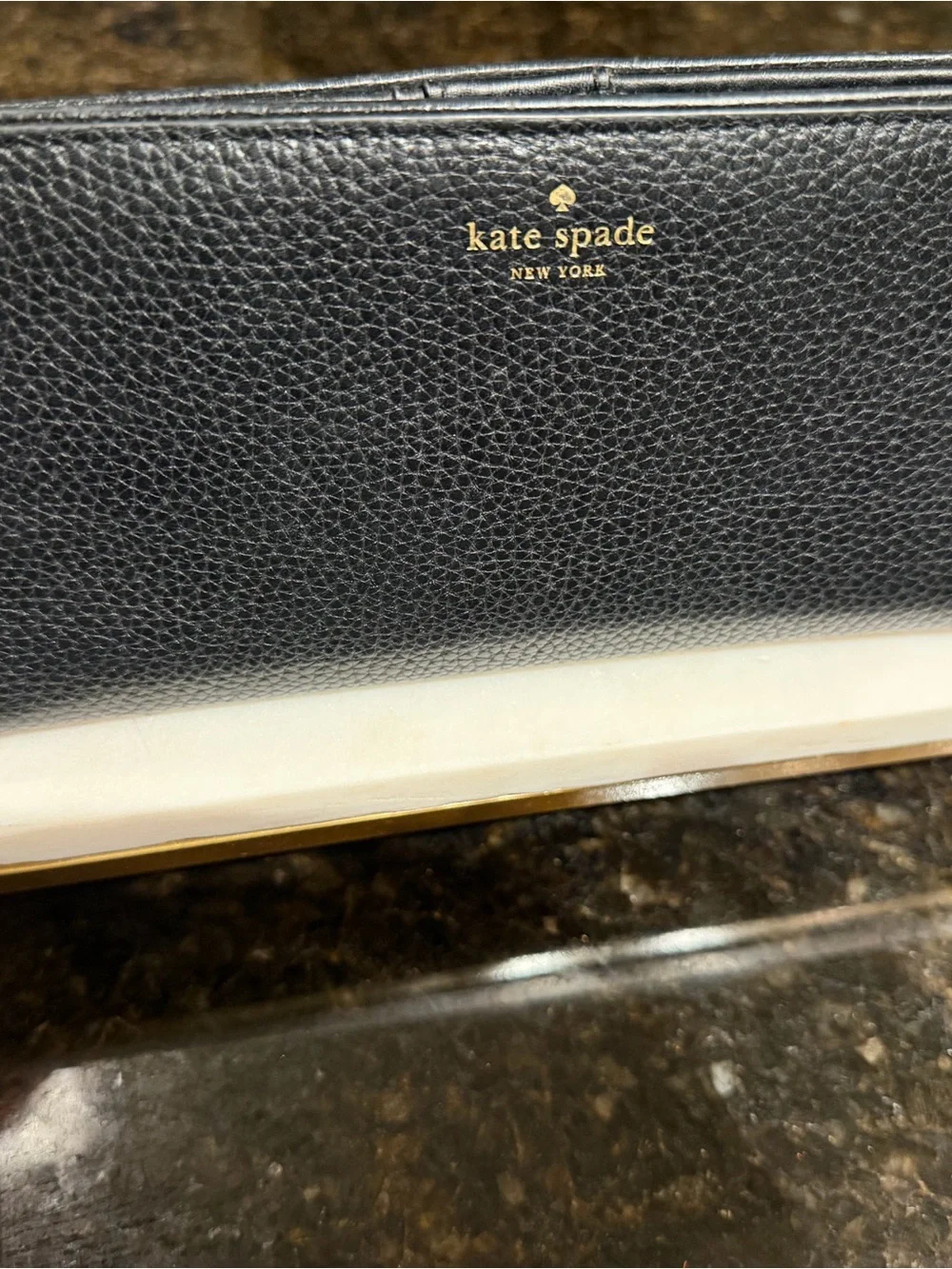 kate spade black pebbled leather continental wallet with gold logo